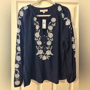 LOFT Navy Blue Top with White Embroidery